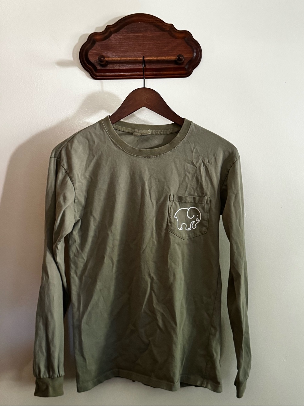 ivory ella Olive Green Long Sleeve Pocket Tee with Elephant Logo